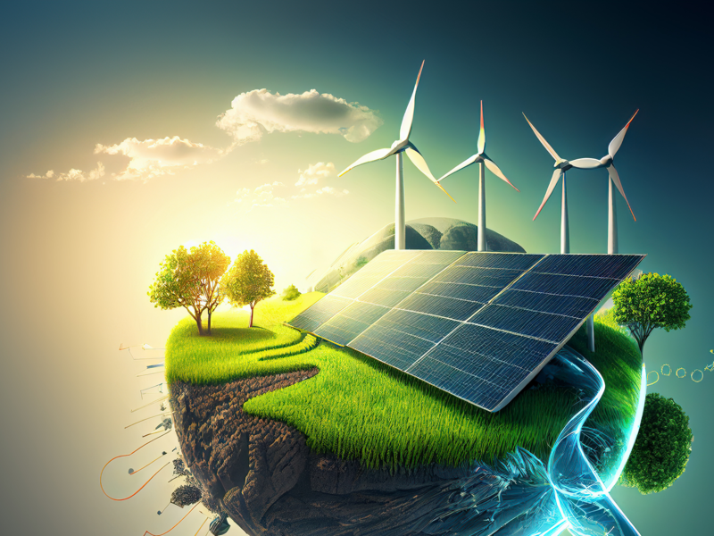 Eine schwebende Insel mit Solarpanels und Windkraftanlagen, umgeben von Bäumen und einem Wasserfall, symbolisiert erneuerbare Energien.
