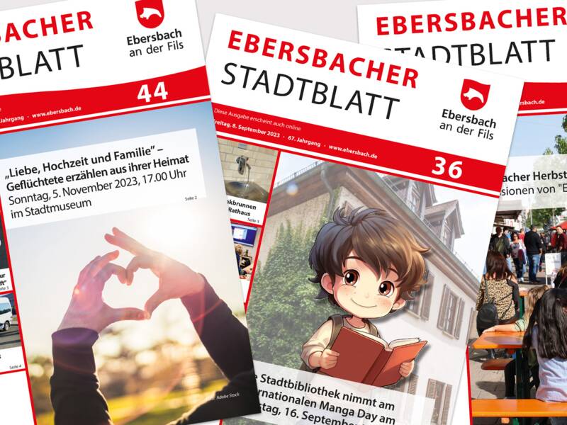 Drei Titelblätter des Ebersbacher Stadtblattes aufgefächert nebeneinander