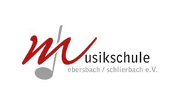 Das Logo zeigt den Schriftzug "Musikschule ebersbach/schlierbach e.V." in Kombination mit einem stilisierten Notenschlüssel in rot und grau.
